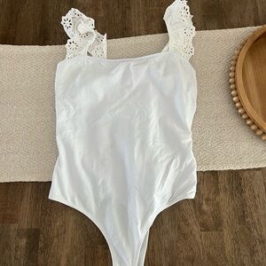 Pink Lily White Lace Strap Bodysuit